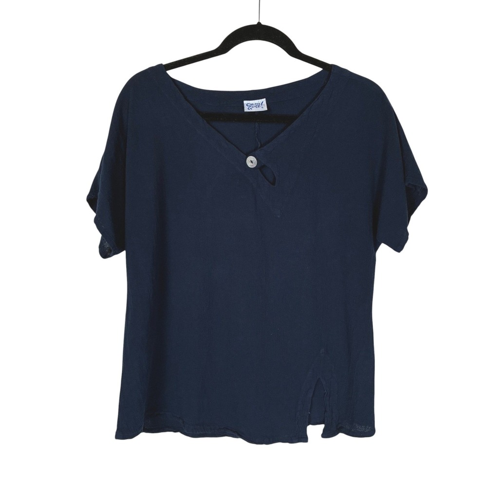 Oh My Guaze Button Accent V-Neck Cotton Top Size S/M Navy Lagenlook Lightweight